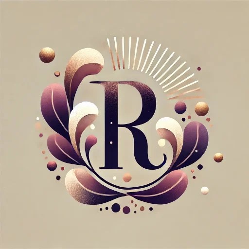 A modern yet soft and feminine favicon featuring a stylized 'R' in deep plum, surrounded by an elegant, organic lightburst with refined gold accents. Designed to symbolize creativity, storytelling, and warmth.