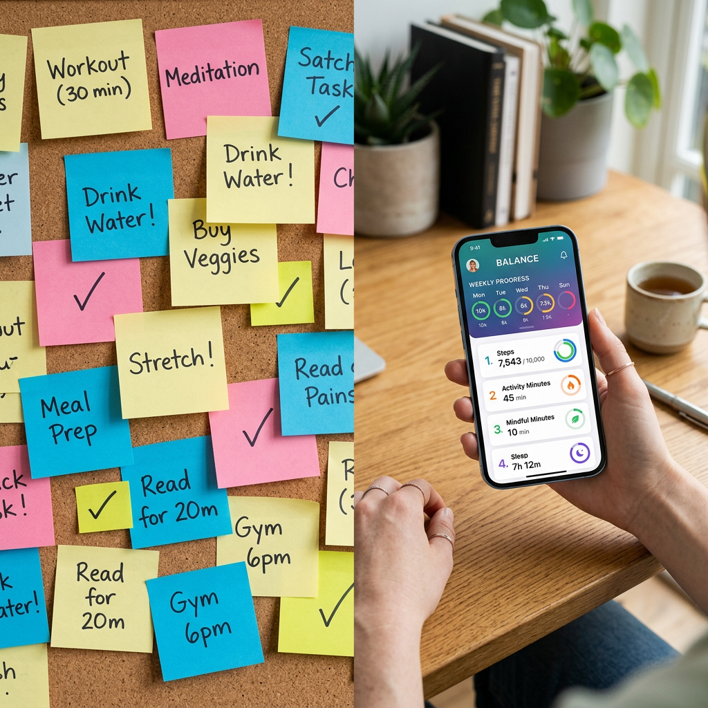 Corkboard with colorful sticky notes listing health tasks and a hand holding a smartphone showing a health tracking app.