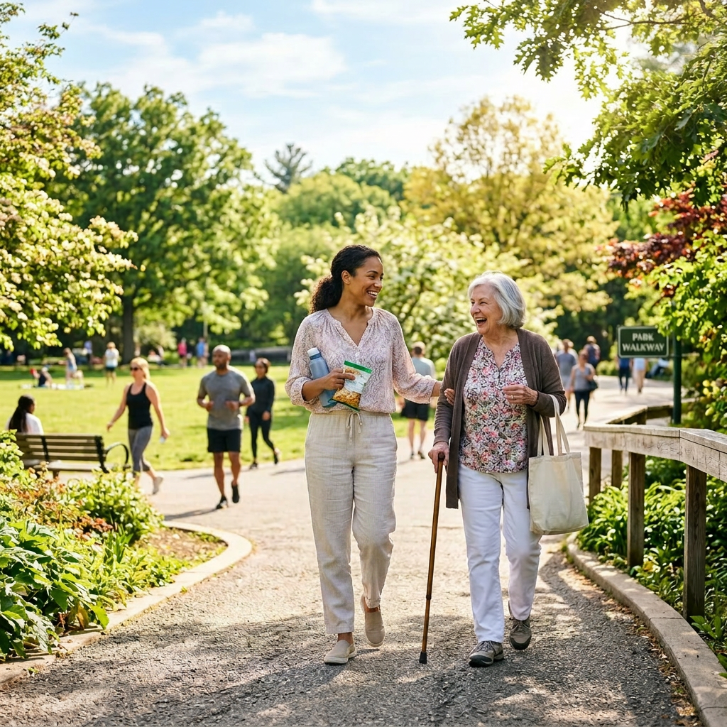 Nurse in scrubs walking with elderly woman using a cane on a park walkway